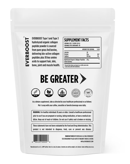 EVERBOOST Type 1 and Type 3 hydrolyzed organic collagen peptide powder - back of packaging