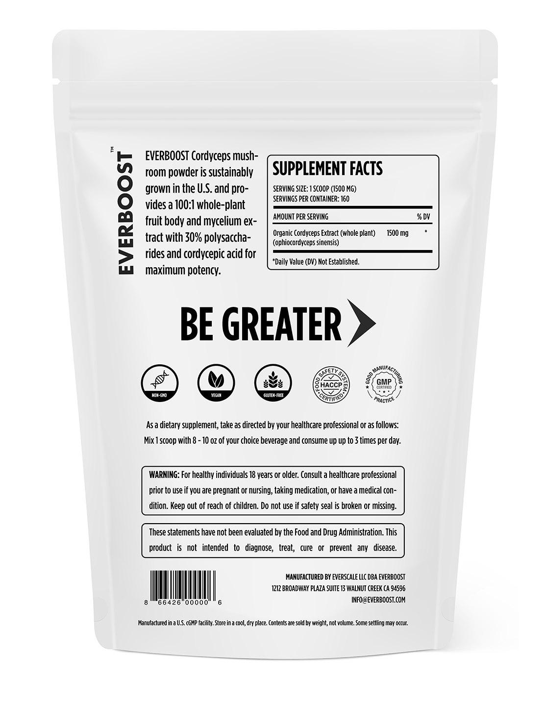 EVERBOOST Cordyceps Mushroom Powder - back of package