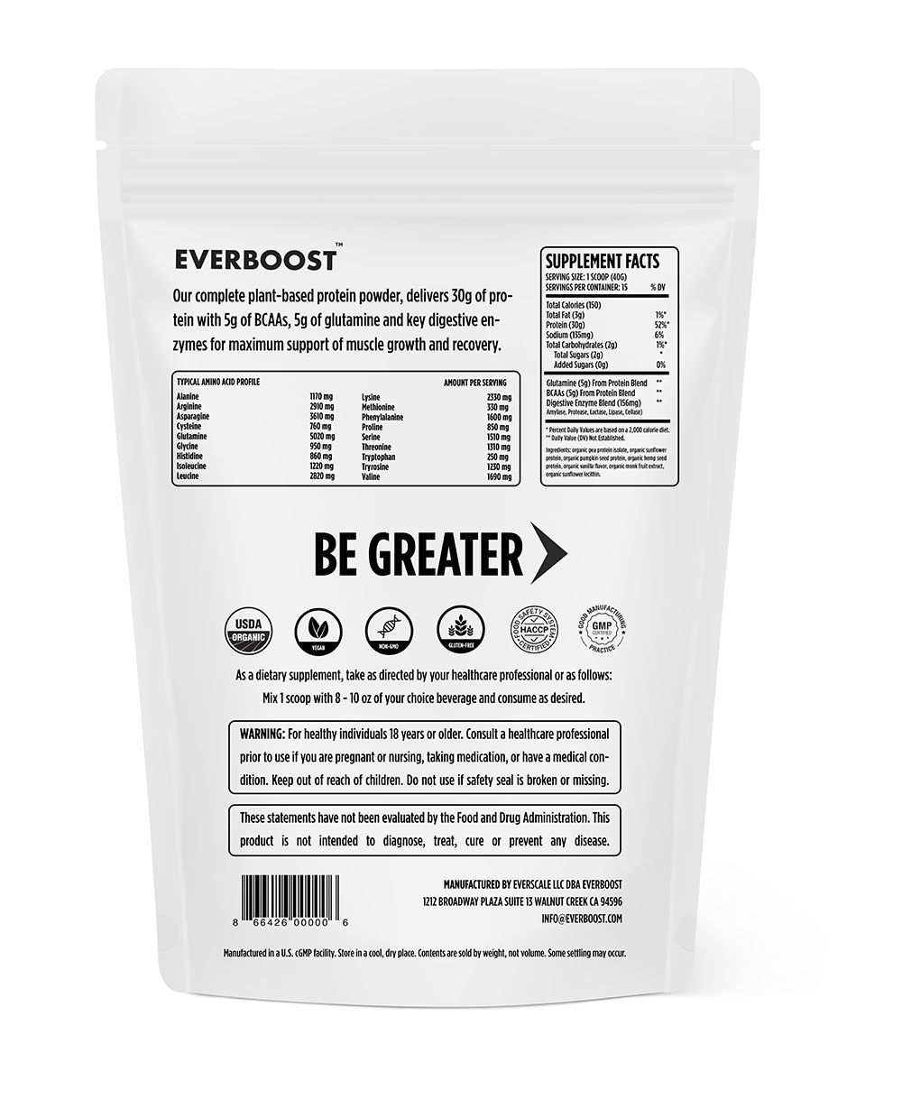 EVERBOOST complete plant-based protein powder - back of package